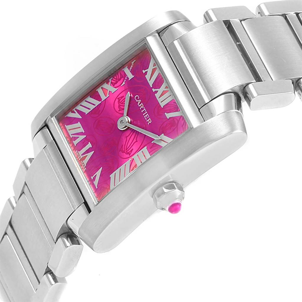 The image shows a close-up angle of the Cartier Tank Francaise W51030Q3 Women's Stainless Steel White Dial W51030Q3 Women's Stainless Steel White Dial watch, highlighting its face, crown, and part of the bracelet.