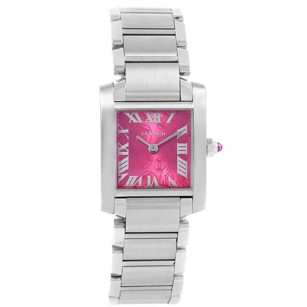 This image shows a Cartier Tank Francaise W51030Q3 Women's Stainless Steel White Dial W51030Q3 Women's Stainless Steel White Dial watch from a front angle, featuring a pink dial and stainless steel bracelet.