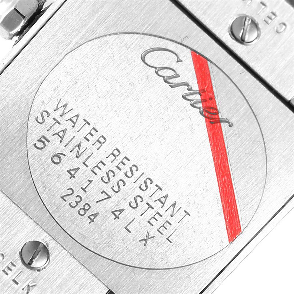 This image shows the backplate of a Cartier Tank Française watch, highlighting its water resistance and material details.