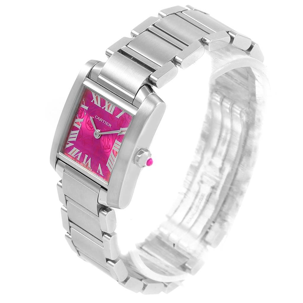 The Cartier Tank Francaise W51030Q3 Women's Stainless Steel White Dial W51030Q3 Women's Stainless Steel White Dial watch is shown at an angled side view, highlighting its pink face and metal bracelet.