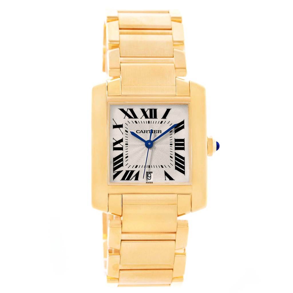 The image shows a frontal view of a Cartier Tank Francaise W50001R2 Men's Yellow Gold Silver Dial W50001R2 Men's Yellow Gold Silver Dial watch, including the face, bezel, and strap.