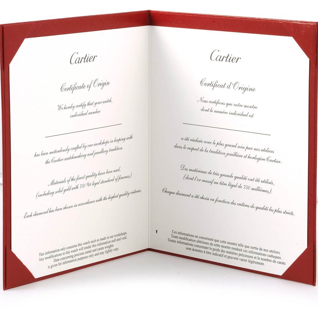 This image shows an open Cartier Certificate of Origin for the Tank Francaise model watch.