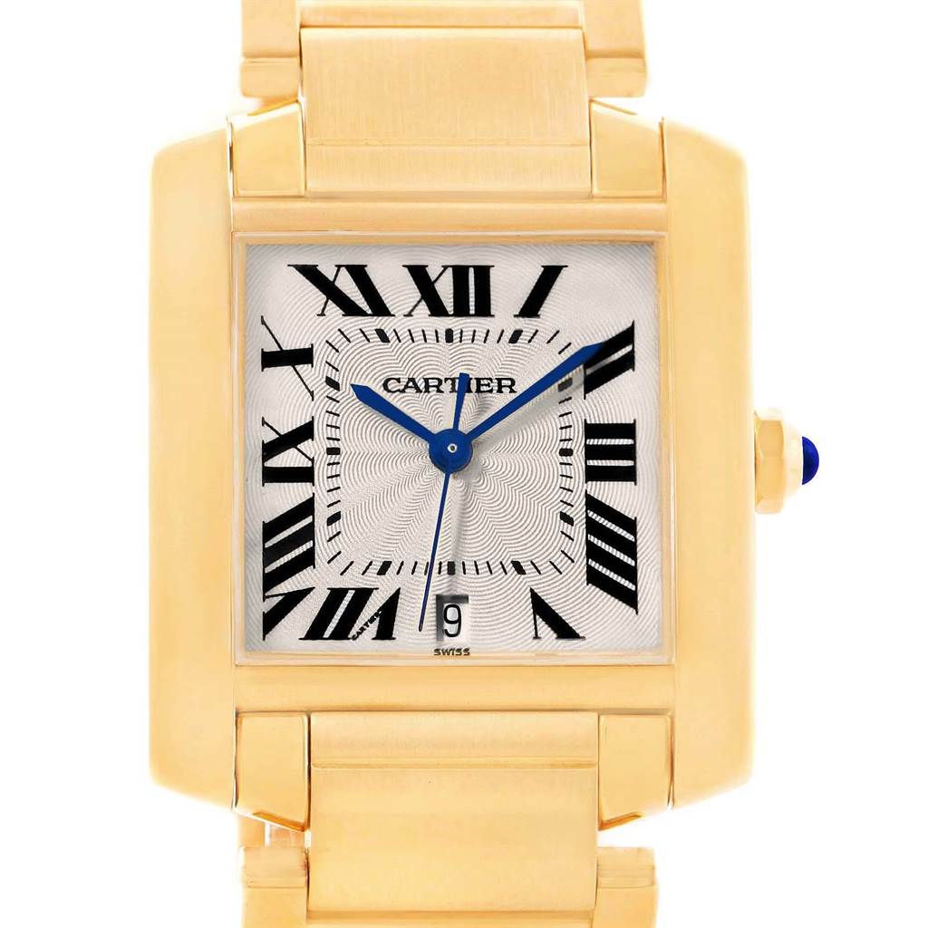This image displays a Cartier Tank Française watch face and bracelet from a frontal angle.