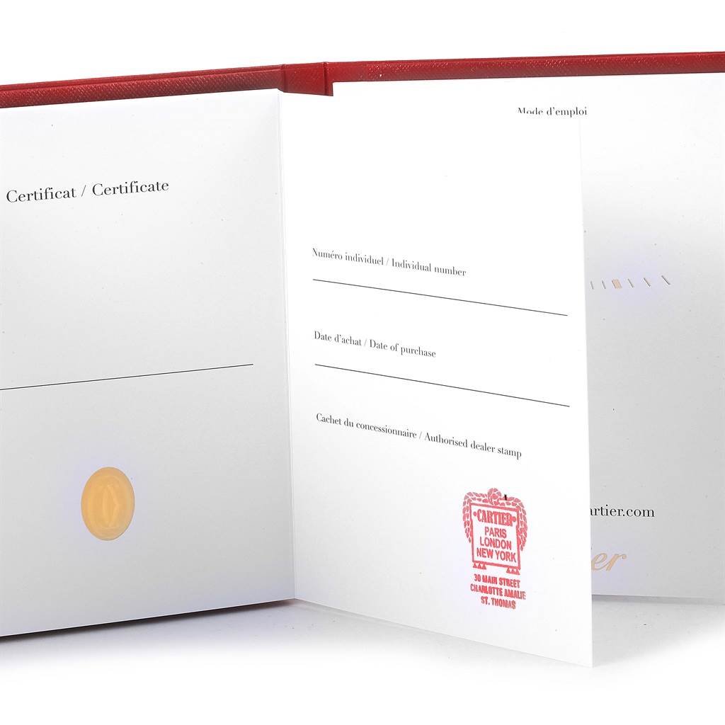 This image shows the open warranty or certification booklet for the Cartier Tank Française watch model.