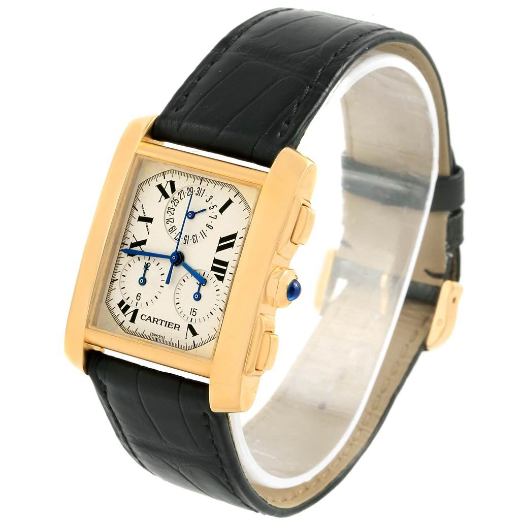 This image shows a Cartier Tank Francaise W5000556 Men's Yellow Gold Silver Dial W5000556 Men's Yellow Gold Silver Dial model watch angled to display the dial, crown, and leather strap.