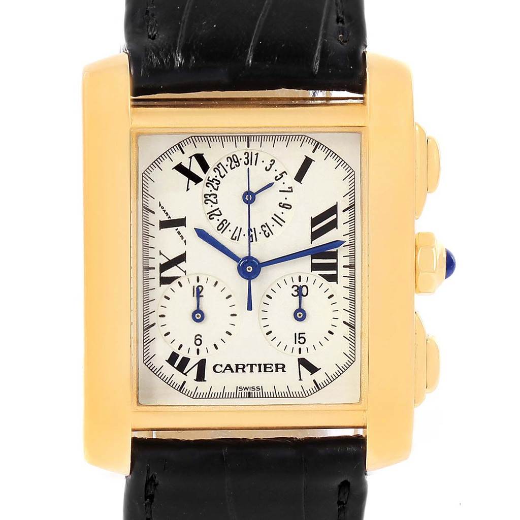 The image shows a front view of the Cartier Tank Francaise W5000556 Men's Yellow Gold Silver Dial W5000556 Men's Yellow Gold Silver Dial watch, highlighting the face, dials, and leather strap.