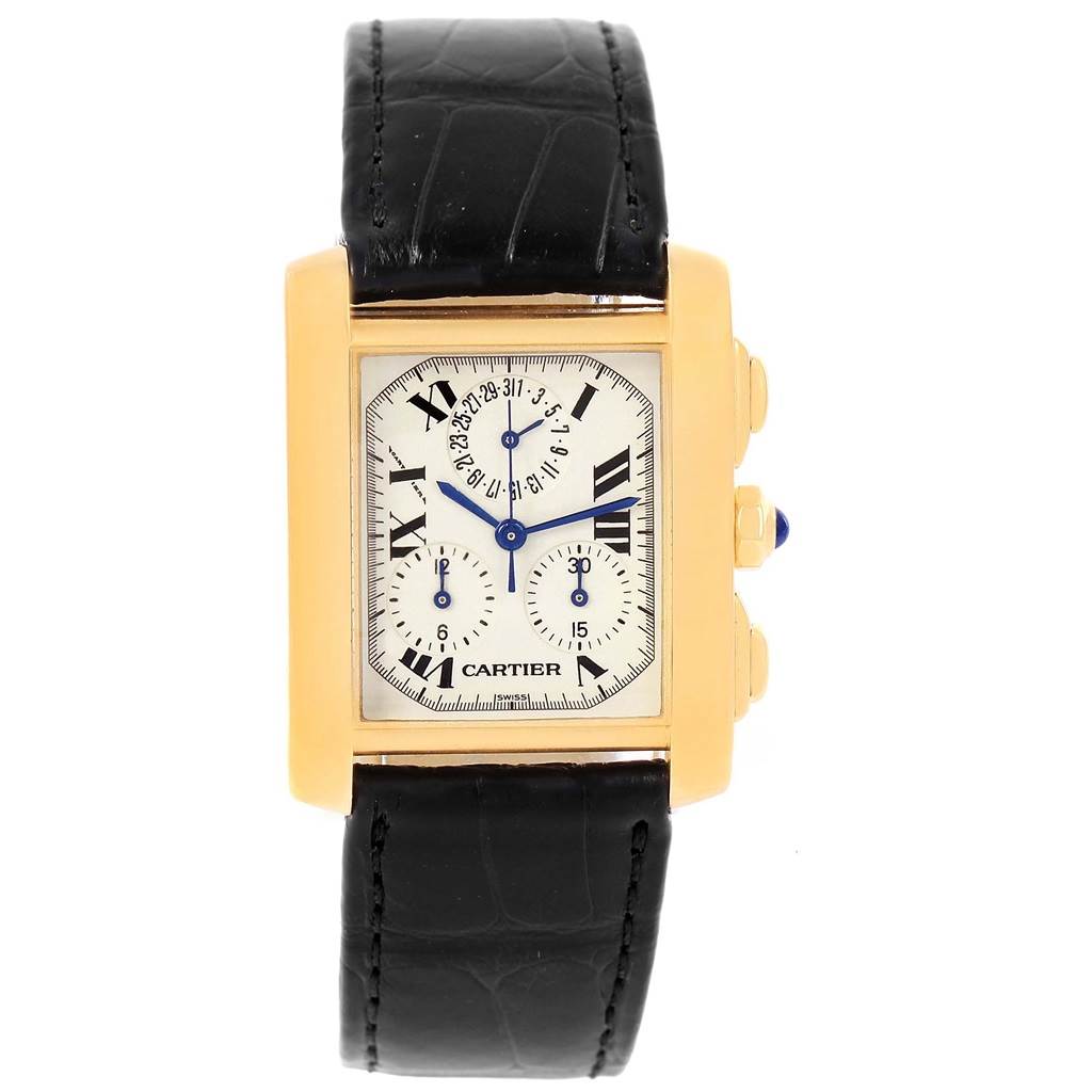 The image shows a frontal view of a Cartier Tank Francaise W5000556 Men's Yellow Gold Silver Dial W5000556 Men's Yellow Gold Silver Dial watch with a black leather strap and gold case.