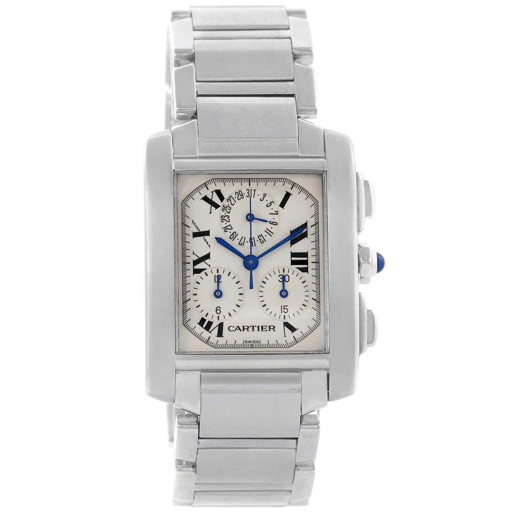 The image shows a front view of a Cartier Tank Francaise W51001Q3 Men's Stainless Steel White Dial W51001Q3 Men's Stainless Steel White Dial watch, highlighting the rectangular face, bracelet, and blue hands.