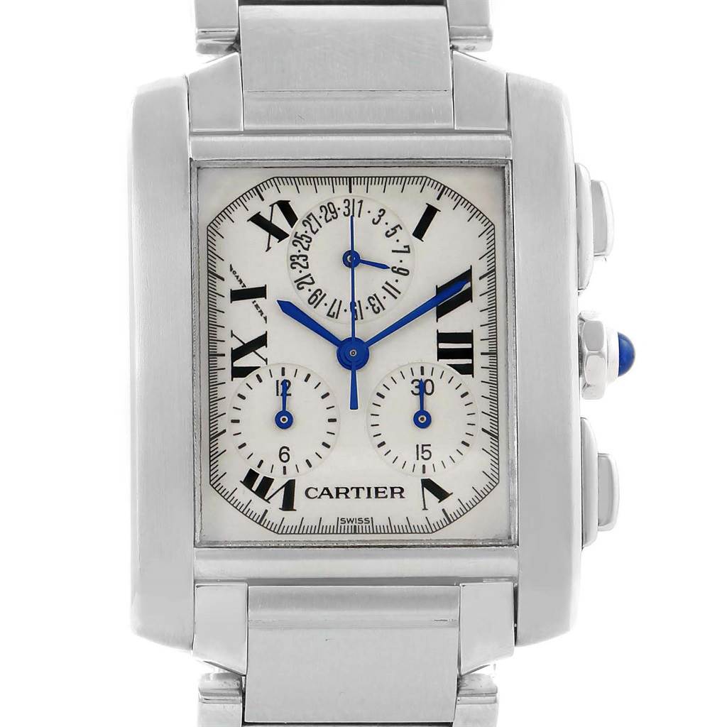 The image shows a frontal view of the Cartier Tank Francaise W51001Q3 Men's Stainless Steel White Dial W51001Q3 Men's Stainless Steel White Dial watch, displaying its dial, Roman numerals, and chronograph sub-dials.
