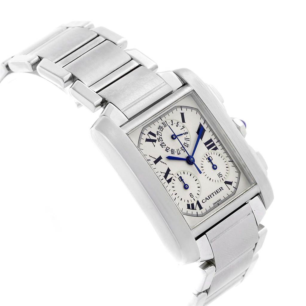 The image shows a front-angle view of a Cartier Tank Francaise W51001Q3 Men's Stainless Steel White Dial W51001Q3 Men's Stainless Steel White Dial watch, highlighting its rectangular face and metal bracelet.
