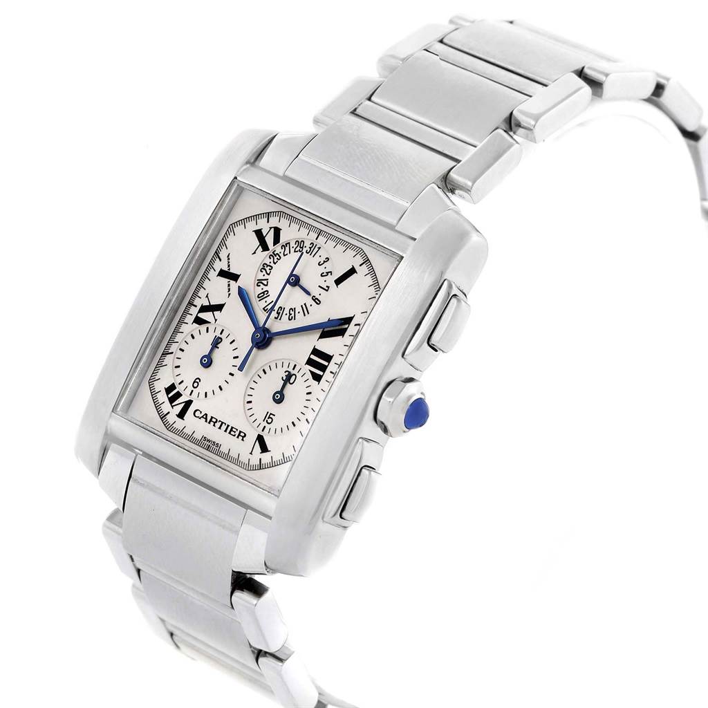 The Cartier Tank Francaise W51001Q3 Men's Stainless Steel White Dial W51001Q3 Men's Stainless Steel White Dial watch is shown at a three-quarter angle, highlighting the dial, bracelet, and crown.