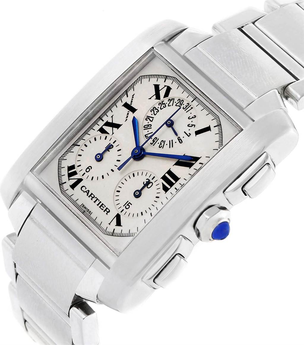 The Cartier Tank Francaise W51001Q3 Men's Stainless Steel White Dial W51001Q3 Men's Stainless Steel White Dial watch is shown at a three-quarter angle, highlighting the dial, case, and metal bracelet.