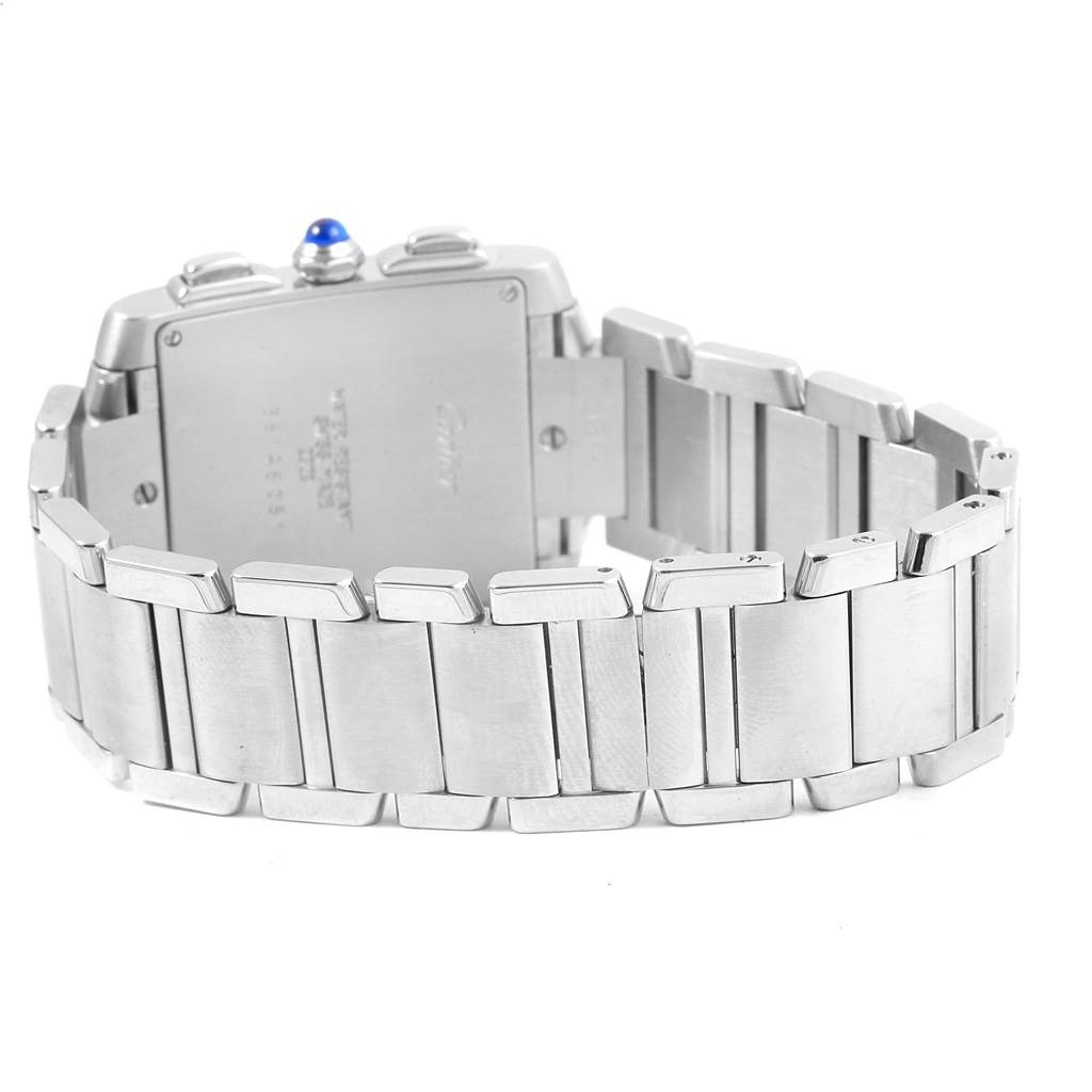 The image shows the back and bracelet of a Cartier Tank Francaise W51001Q3 Men's Stainless Steel White Dial W51001Q3 Men's Stainless Steel White Dial watch with a focus on the stainless steel links and clasp.