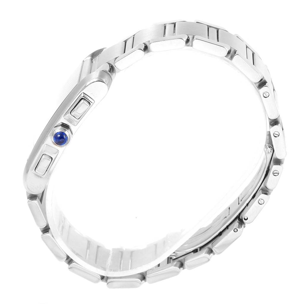 This image shows a side view of the bracelet and crown of a Cartier Tank Française watch.