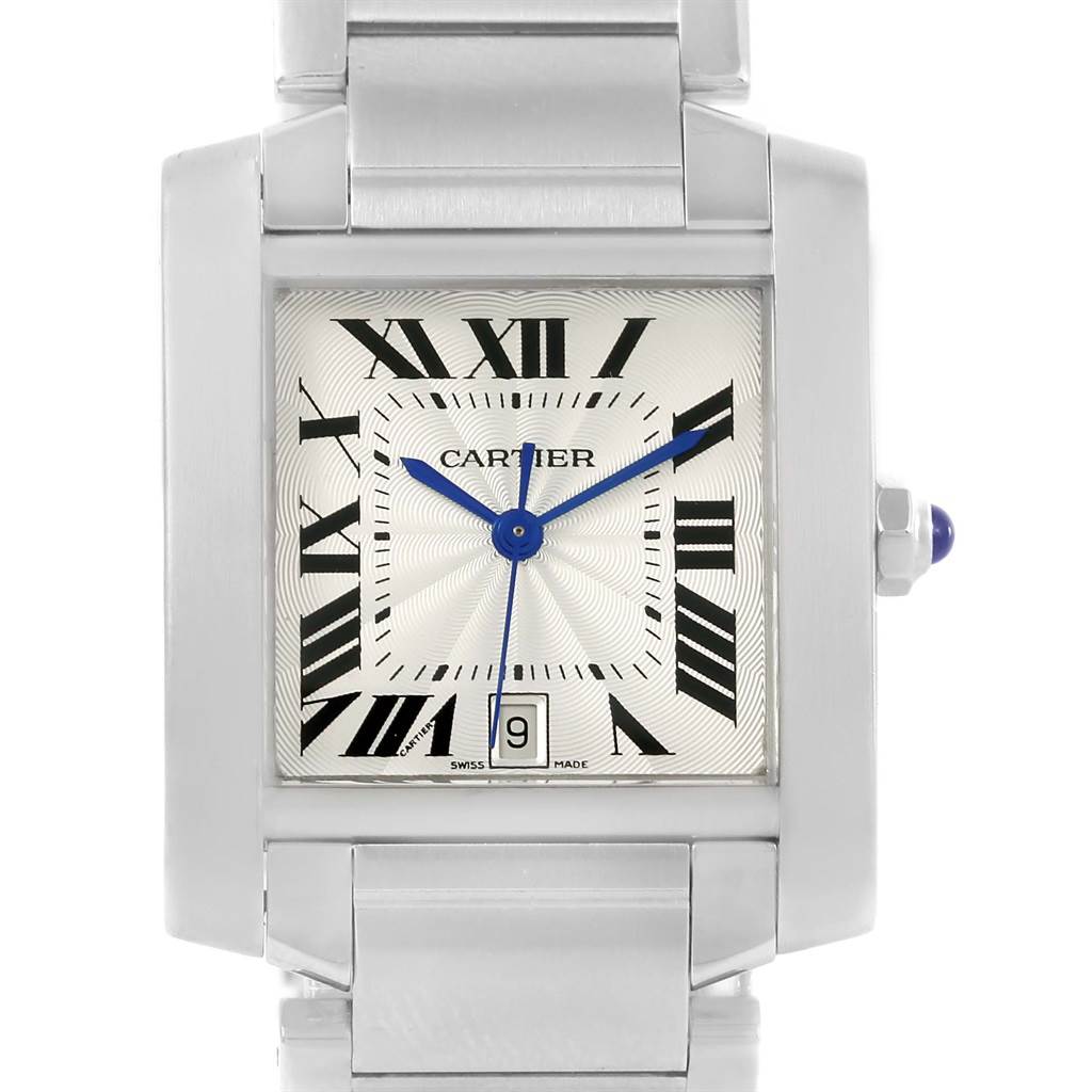This is a close-up front view of the Cartier Tank Francaise W51002Q3 Men's Stainless Steel Silver Dial W51002Q3 Men's Stainless Steel Silver Dial watch, showing the dial, hands, crown, and part of the bracelet.
