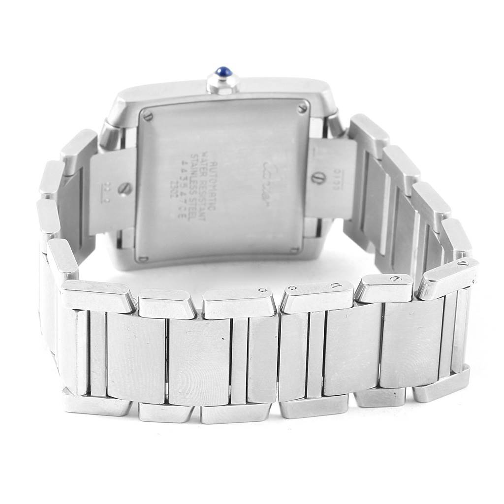 The image shows the back side and bracelet of a Cartier Tank Francaise W51002Q3 Stainless Steel Silver Dial W51002Q3 Stainless Steel Silver Dial watch, highlighting the case back and stainless steel links.