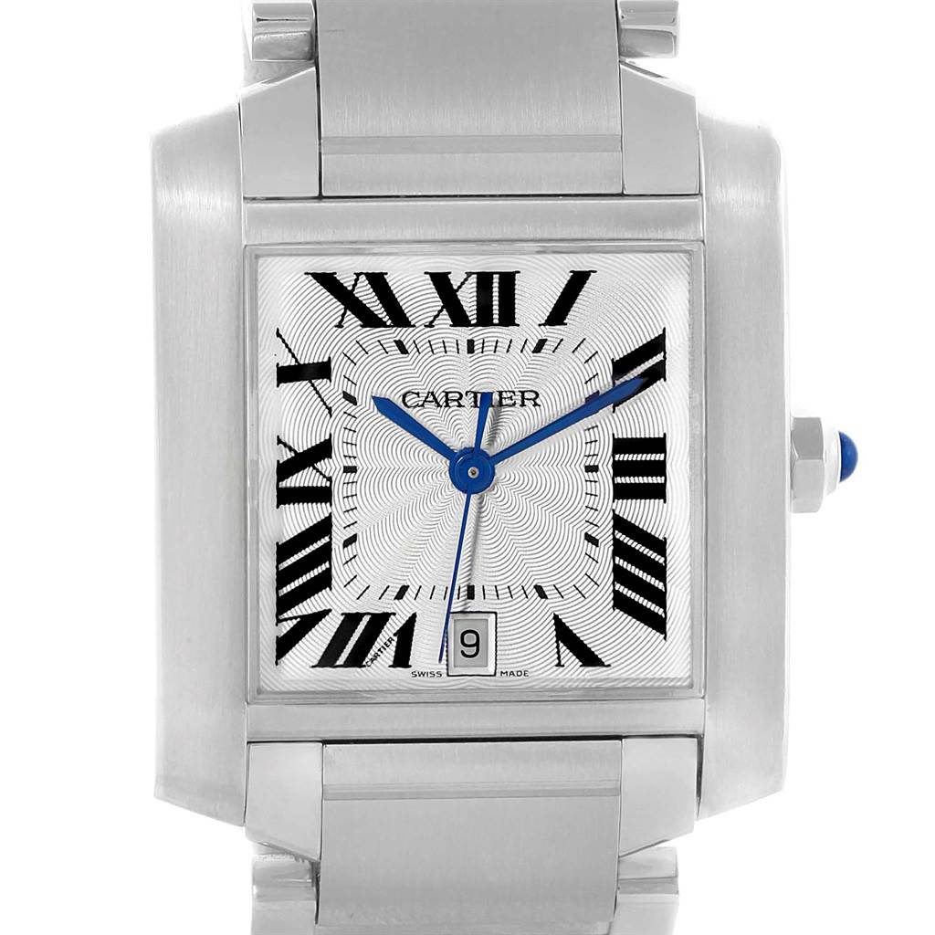 This image shows a frontal view of the Cartier Tank Francaise W51002Q3 Stainless Steel Silver Dial W51002Q3 Stainless Steel Silver Dial watch, featuring the dial, case, and part of the bracelet.