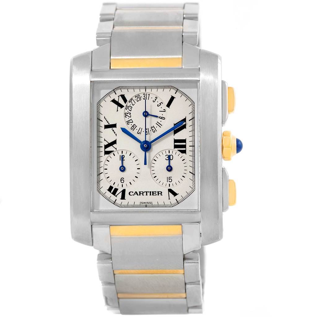 The image shows a front view of the Cartier Tank Francaise W51004Q4 Men's Steel and Gold (two tone) Silver Dial W51004Q4 Men's Steel and Gold (two tone) Silver Dial watch, highlighting the face, band, and side buttons.