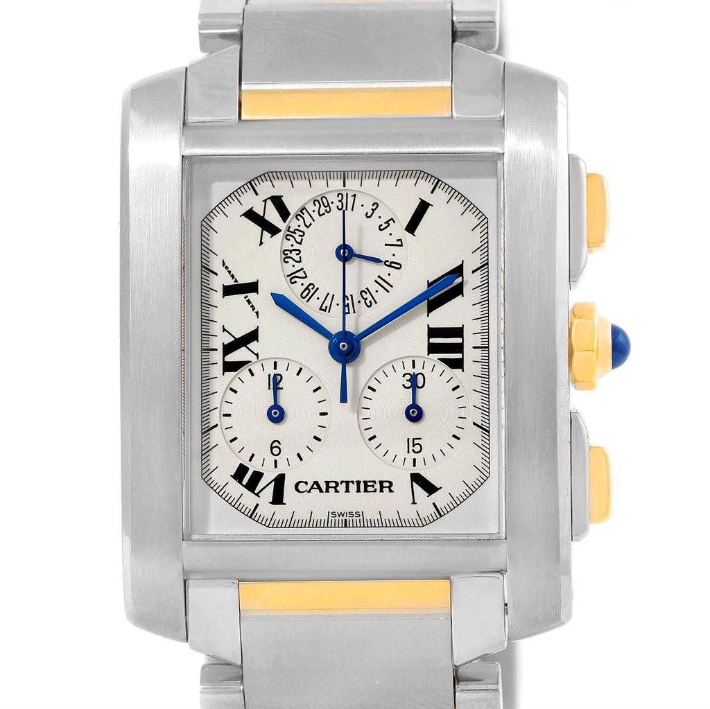 This image shows a front view of a Cartier Tank Francaise W51004Q4 Men's Steel and Gold (two tone) Silver Dial W51004Q4 Men's Steel and Gold (two tone) Silver Dial watch, showcasing the dial and side buttons.