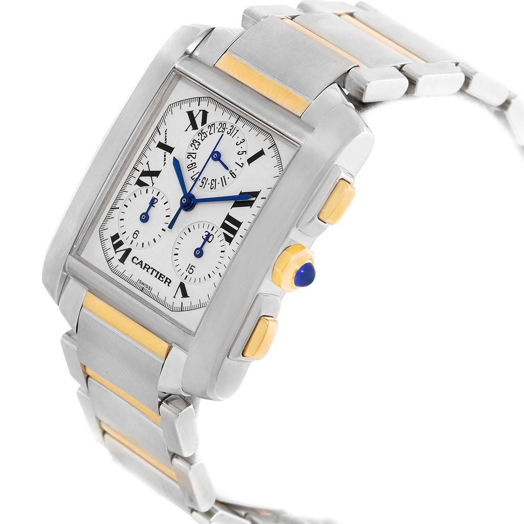 The Tank Francaise model by Cartier is shown at an angled view, showcasing its rectangular face, Roman numerals, and two-tone metal band.