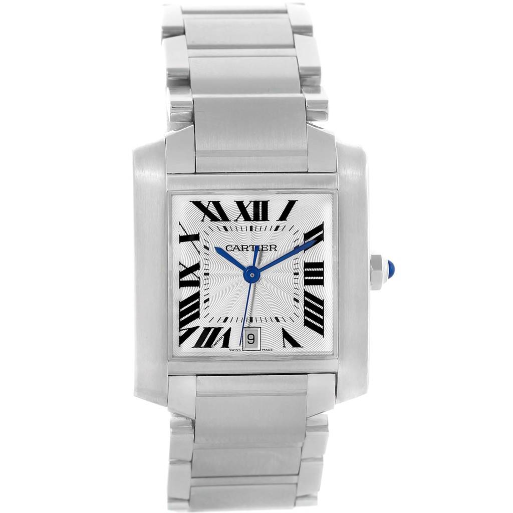 This image shows a Cartier Tank Francaise W51002Q3 Stainless Steel Silver Dial W51002Q3 Stainless Steel Silver Dial watch head-on, displaying its face, dial, and metal bracelet.
