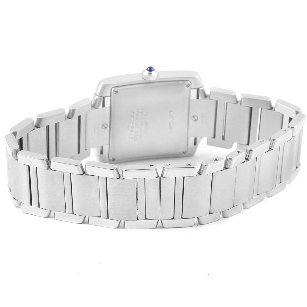 The image shows the back view of the Cartier Tank Francaise W51002Q3 Stainless Steel Silver Dial W51002Q3 Stainless Steel Silver Dial watch, highlighting the stainless steel bracelet and case back.