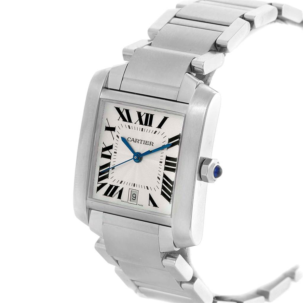 The Cartier Tank Francaise W51002Q3 Stainless Steel Silver Dial W51002Q3 Stainless Steel Silver Dial watch is shown at a slight angle highlighting the face, Roman numerals, and link bracelet.