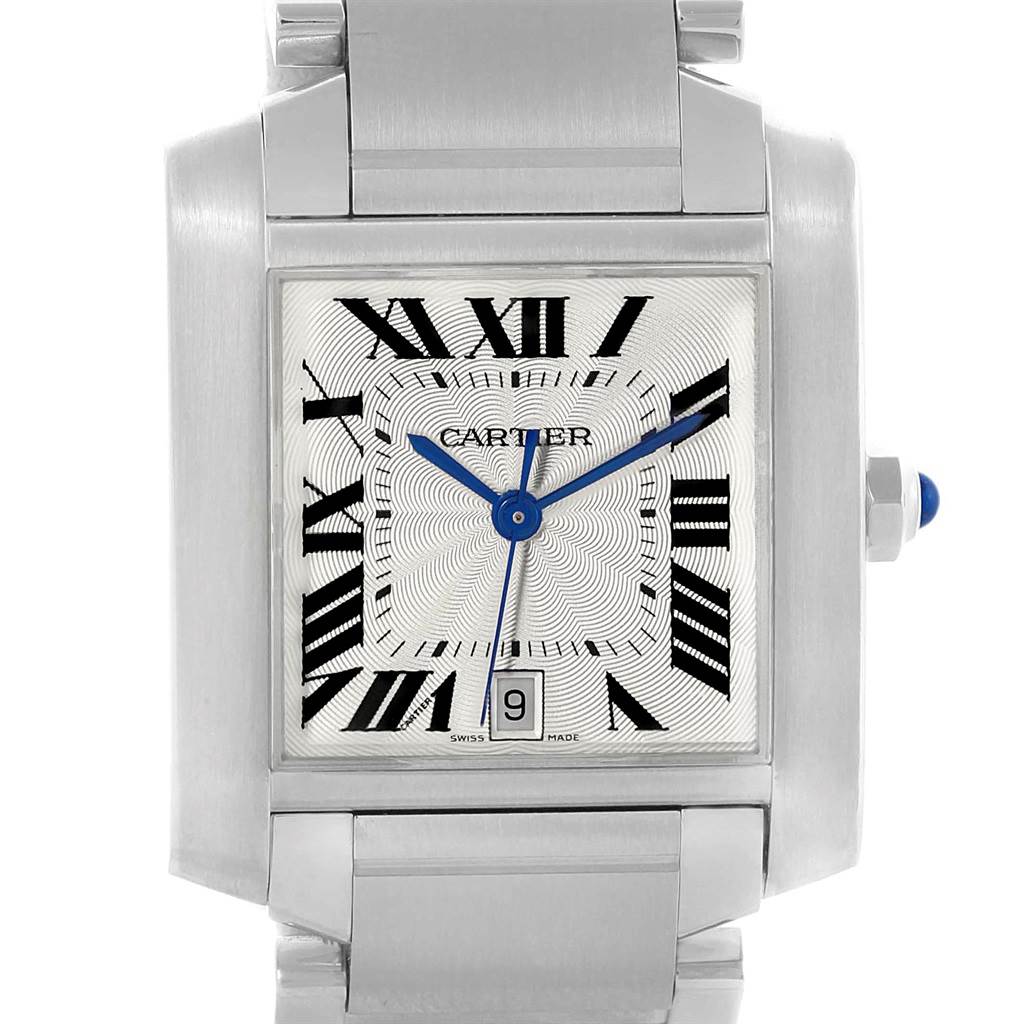 The Cartier Tank Française watch is shown from a frontal angle, displaying its dial, hands, and bracelet.