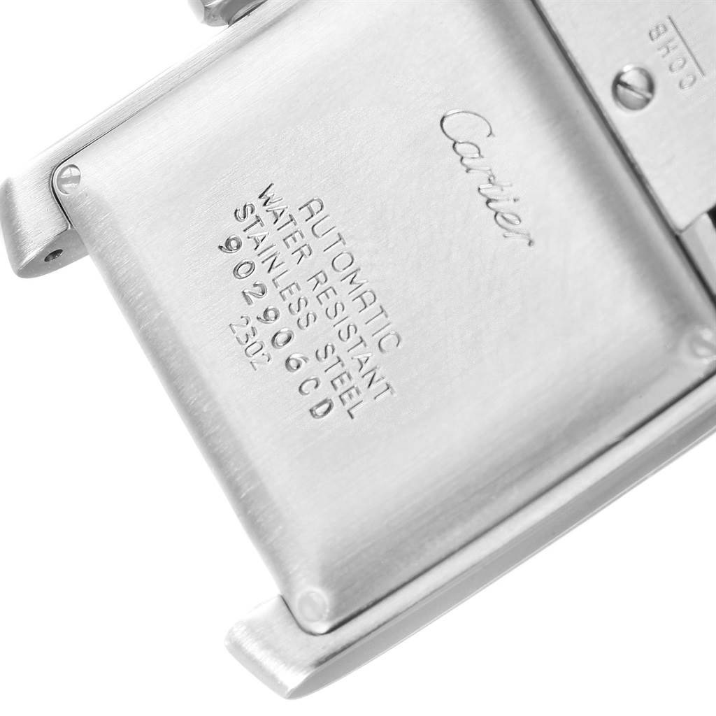 The image shows the back case of a Cartier Tank Francaise W51002Q3 Stainless Steel Silver Dial W51002Q3 Stainless Steel Silver Dial watch with engraved specifications.