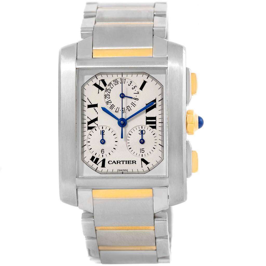 This is a frontal view of the Cartier Tank Francaise W51004Q4 Men's Steel and Gold (two tone) Silver Dial W51004Q4 Men's Steel and Gold (two tone) Silver Dial watch, showing the face, bracelet, and side buttons.