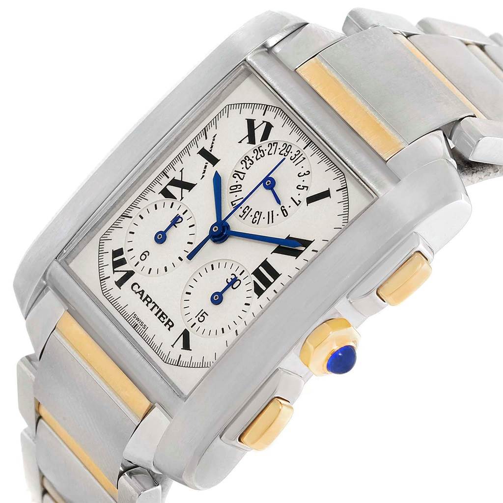 The image shows a close-up, angled view of the Cartier Tank Francaise W51004Q4 Men's Steel and Gold (two tone) Silver Dial W51004Q4 Men's Steel and Gold (two tone) Silver Dial watch, highlighting its face, crown, and part of the metal bracelet.