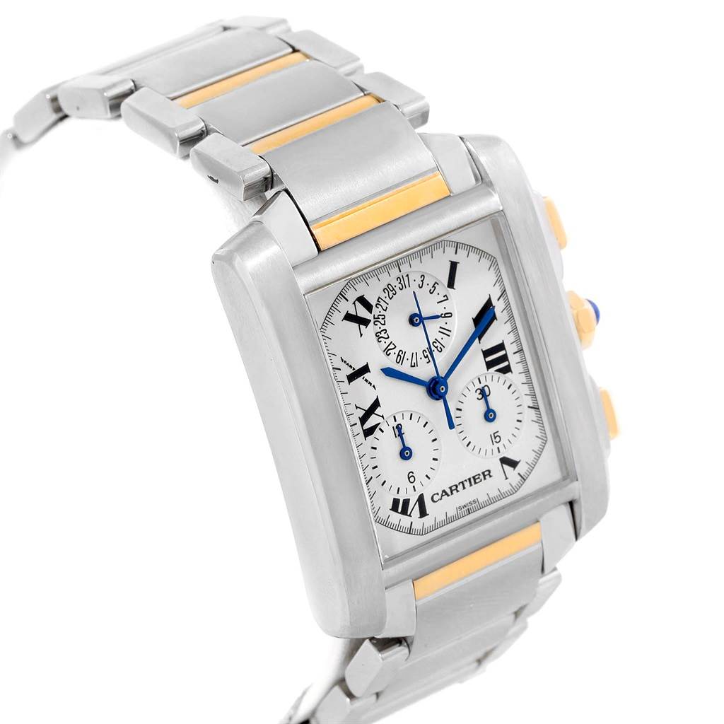 This image features a Cartier Tank Francaise W51004Q4 Men's Steel and Gold (two tone) Silver Dial W51004Q4 Men's Steel and Gold (two tone) Silver Dial watch angled to show its face, chronograph dials, and two-tone metal bracelet.