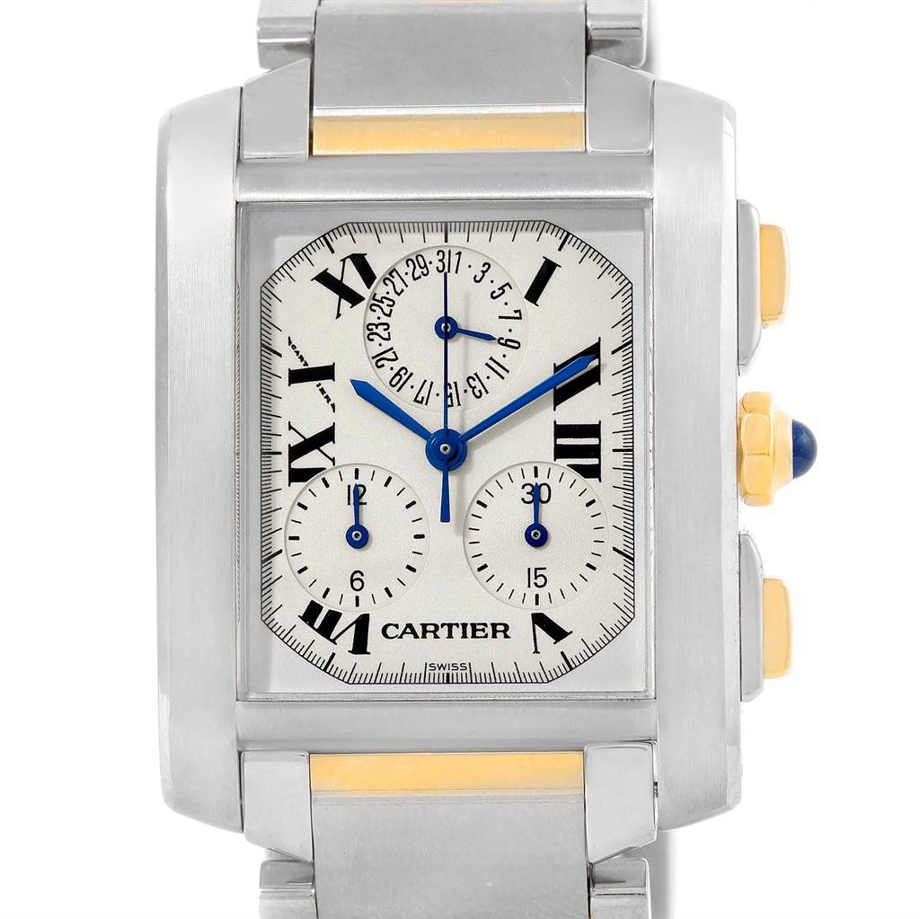 This image shows a Cartier Tank Francaise W51004Q4 Men's Steel and Gold (two tone) Silver Dial W51004Q4 Men's Steel and Gold (two tone) Silver Dial watch viewed from the front, highlighting its face, hands, and part of the bracelet.