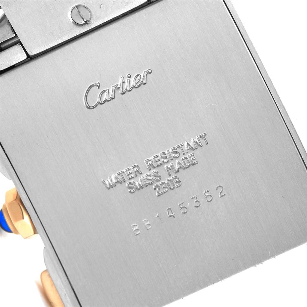 The image shows the back case of a Cartier Tank Française watch, displaying the brand name and water resistance details.