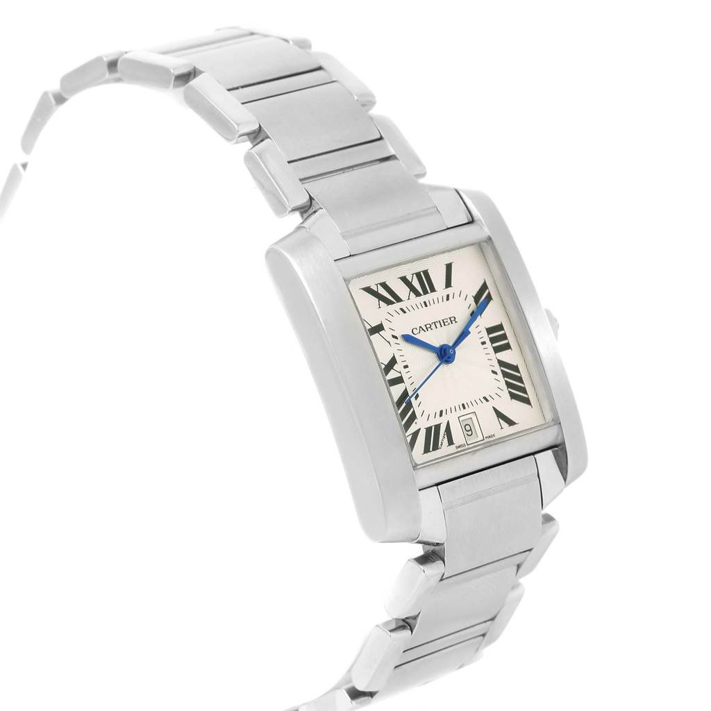 The Tank Francaise model by Cartier is shown at an angle displaying the face, bracelet, and side profile.