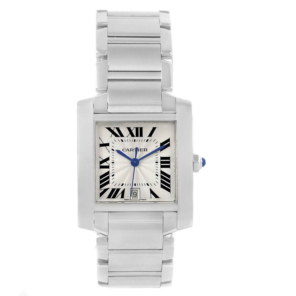 The image shows a front view of the Tank Francaise watch by Cartier, highlighting the rectangular face, metal band, and Roman numerals.