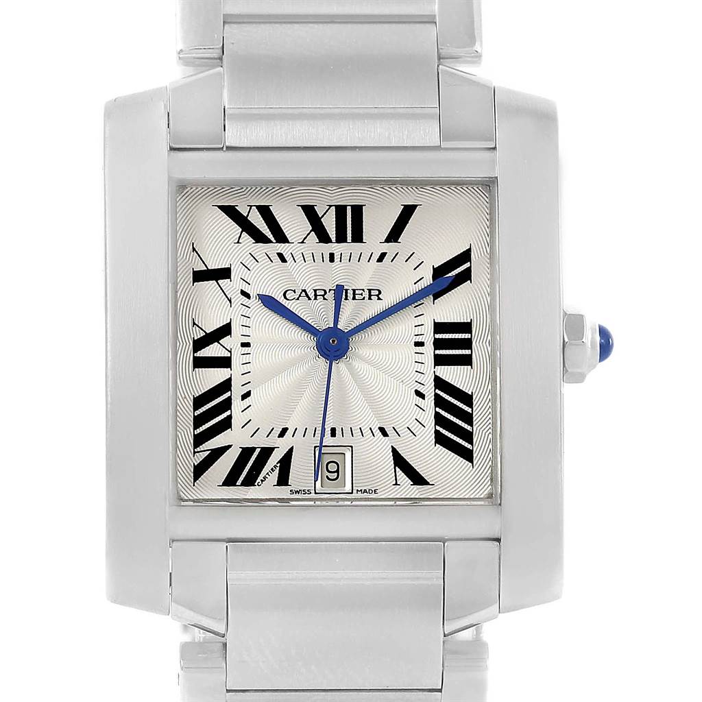 The image features a frontal view of the Cartier Tank Francaise W51002Q3 Stainless Steel Silver Dial W51002Q3 Stainless Steel Silver Dial watch showcasing its face, Roman numerals, hands, and part of the bracelet.