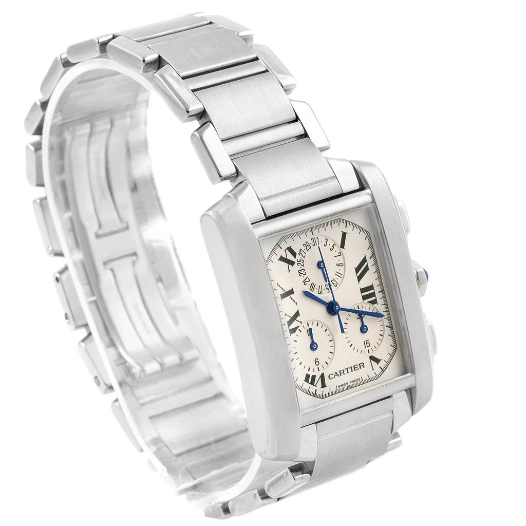 The Cartier Tank Francaise W51001Q3 Men
s Stainless Steel White Dial W51001Q3 Men
s Stainless Steel White Dial watch is shown at a side angle, highlighting its rectangular face and metal bracelet.