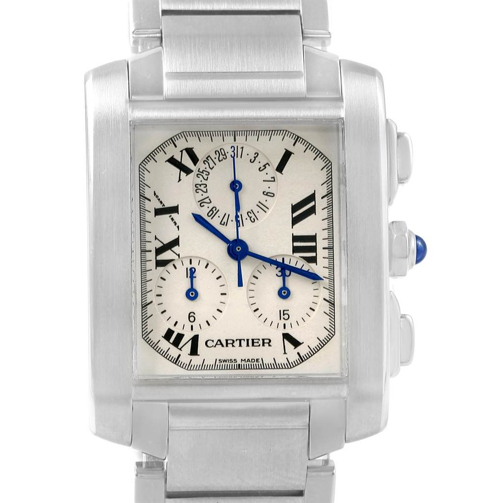 The image shows a front view of a Cartier Tank Francaise W51001Q3 Men
s Stainless Steel White Dial W51001Q3 Men
s Stainless Steel White Dial watch, highlighting its rectangular face, Roman numerals, and metal bracelet.