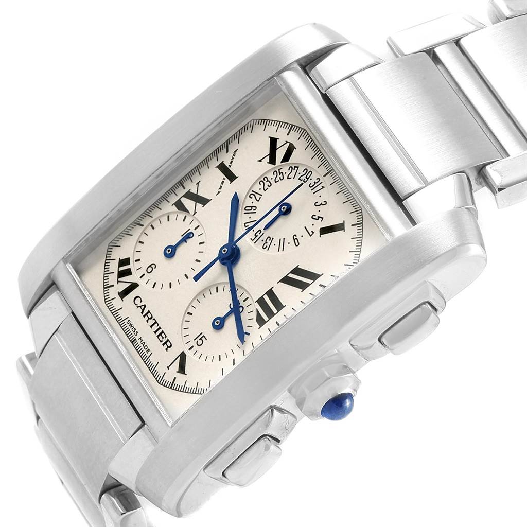 This image shows a side angle of a Cartier Tank Française watch highlighting its case, crown, dial, and bracelet.