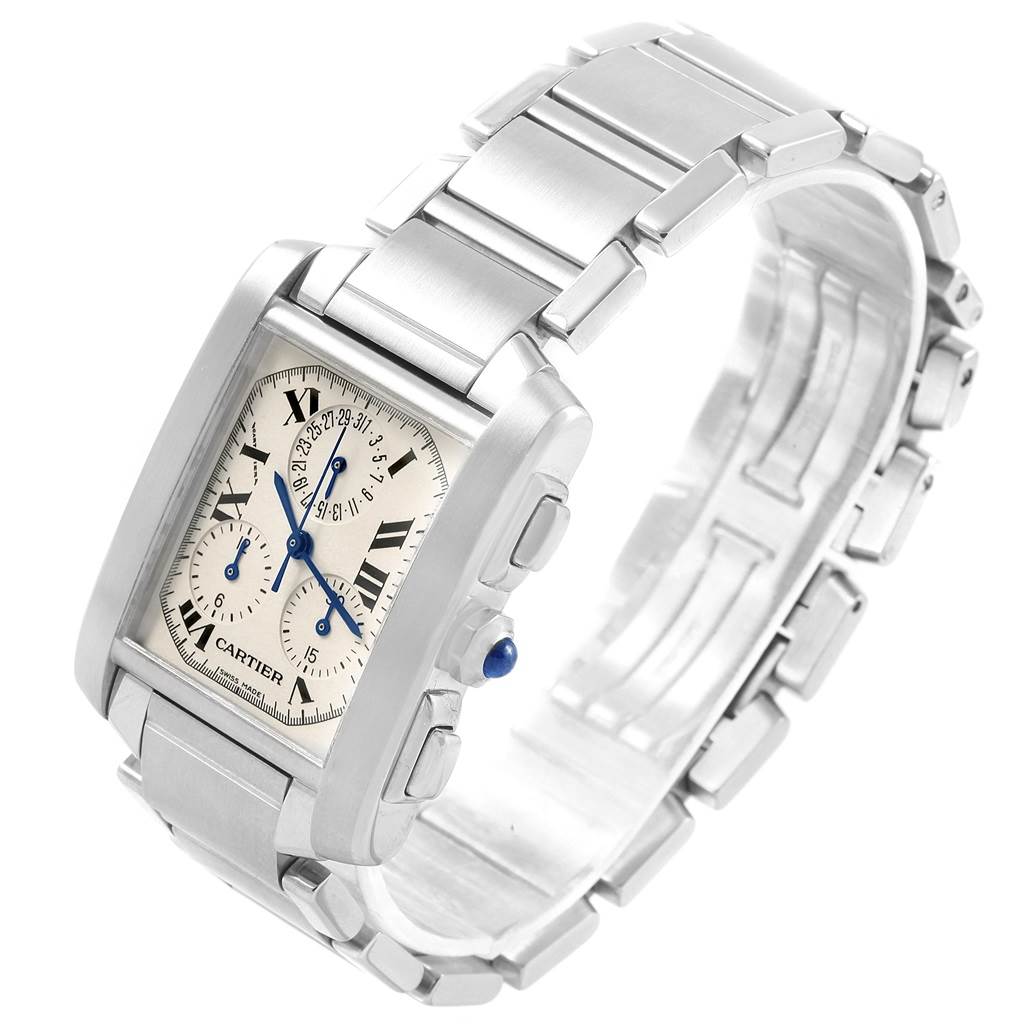 The Cartier Tank Francaise W51001Q3 Men
s Stainless Steel White Dial W51001Q3 Men
s Stainless Steel White Dial watch is shown at an oblique angle, highlighting its rectangular face, metal bracelet, and side buttons.