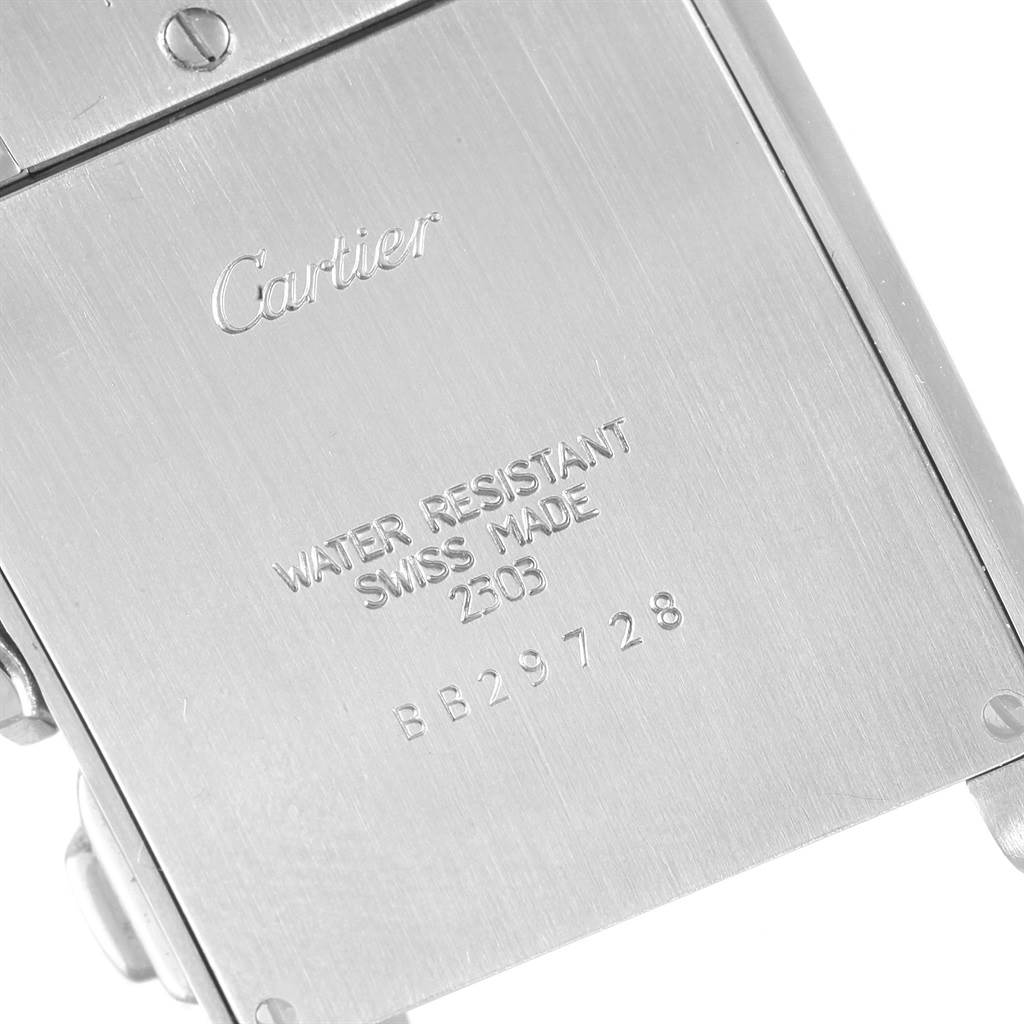 The image shows the back of a Cartier Tank Francaise W51001Q3 Men
s Stainless Steel White Dial W51001Q3 Men
s Stainless Steel White Dial watch, including the engraved brand name and specifications.