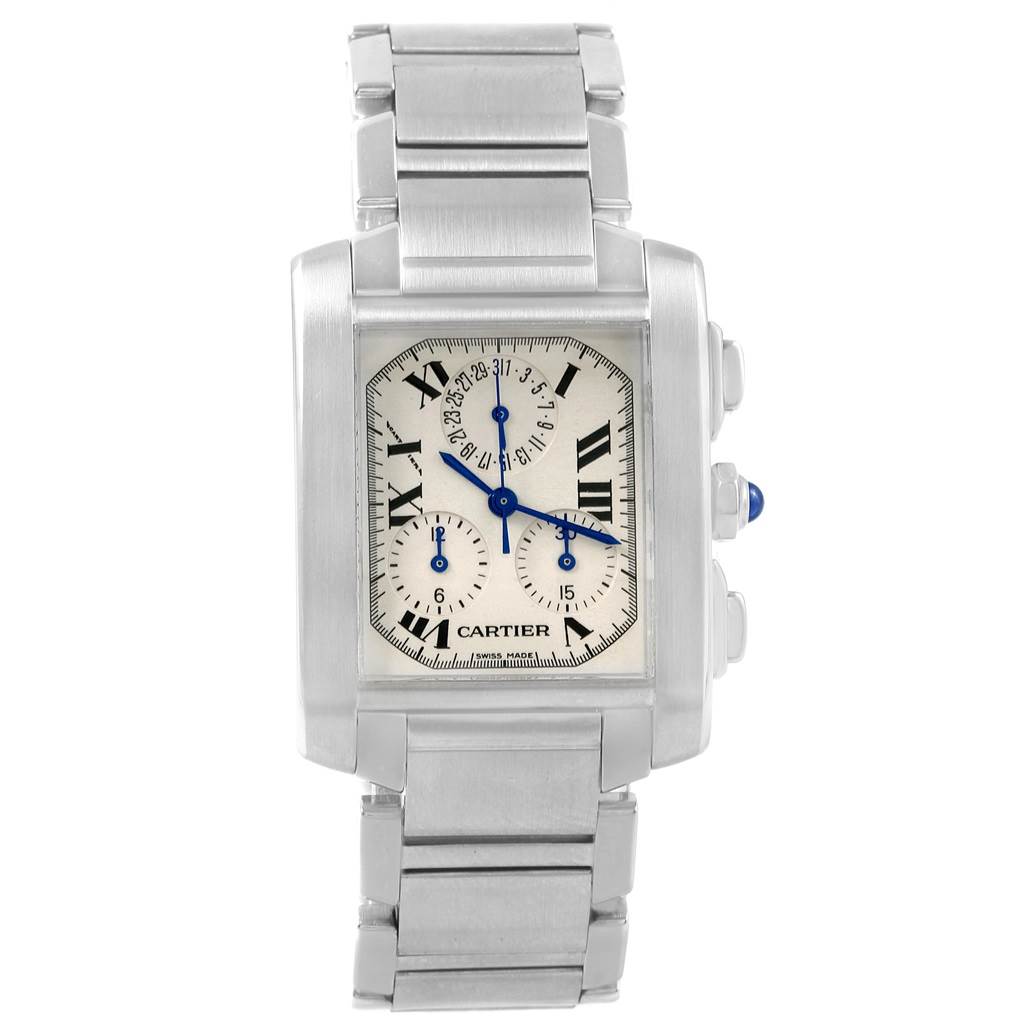 This image shows a front view of the Cartier Tank Francaise W51001Q3 Men
s Stainless Steel White Dial W51001Q3 Men
s Stainless Steel White Dial watch, highlighting its rectangular case, silver bracelet, and blue hands.