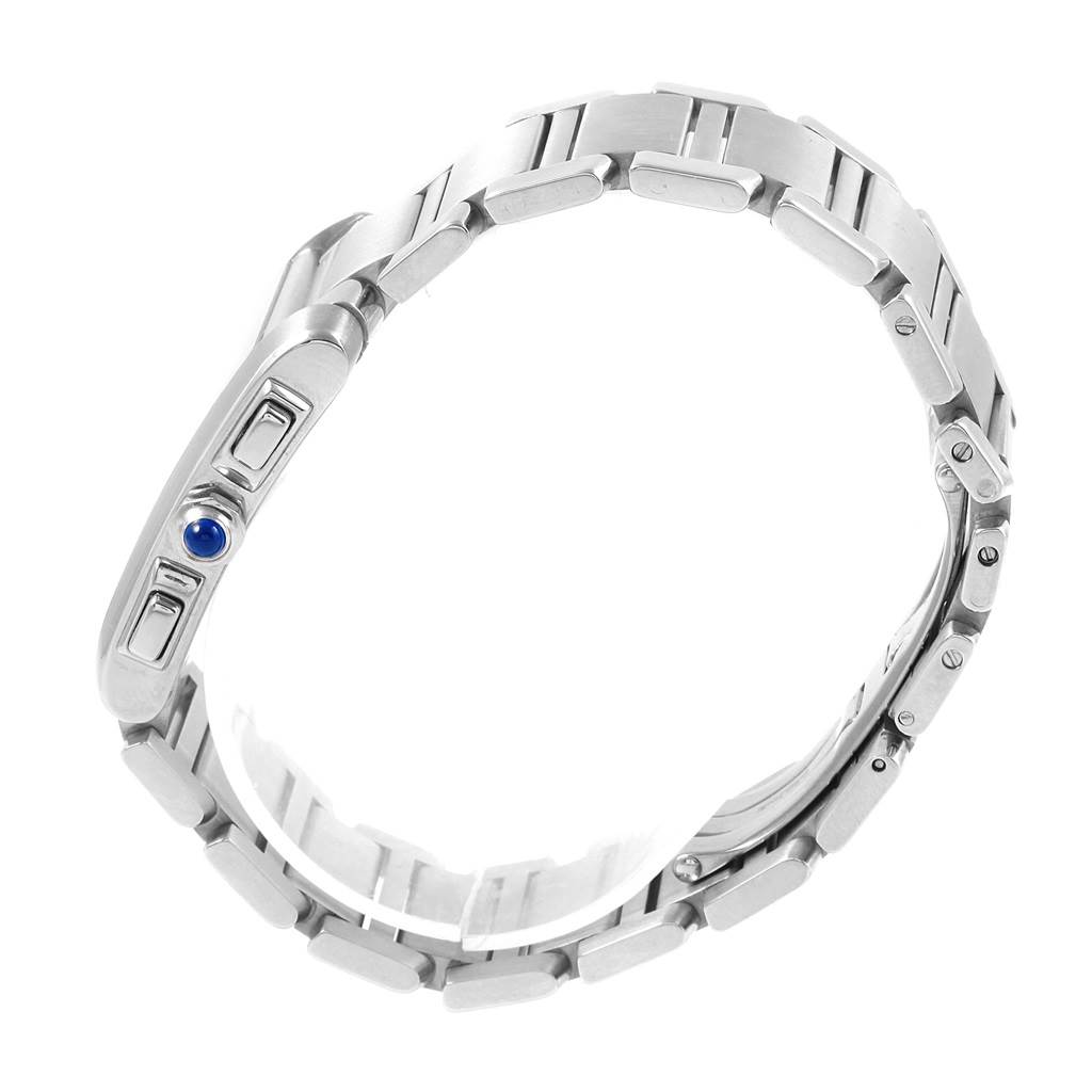 The Cartier Tank Francaise W51001Q3 Men
s Stainless Steel White Dial W51001Q3 Men
s Stainless Steel White Dial watch is shown from a side angle, highlighting the bracelet and side view, including the crown with a blue stone.