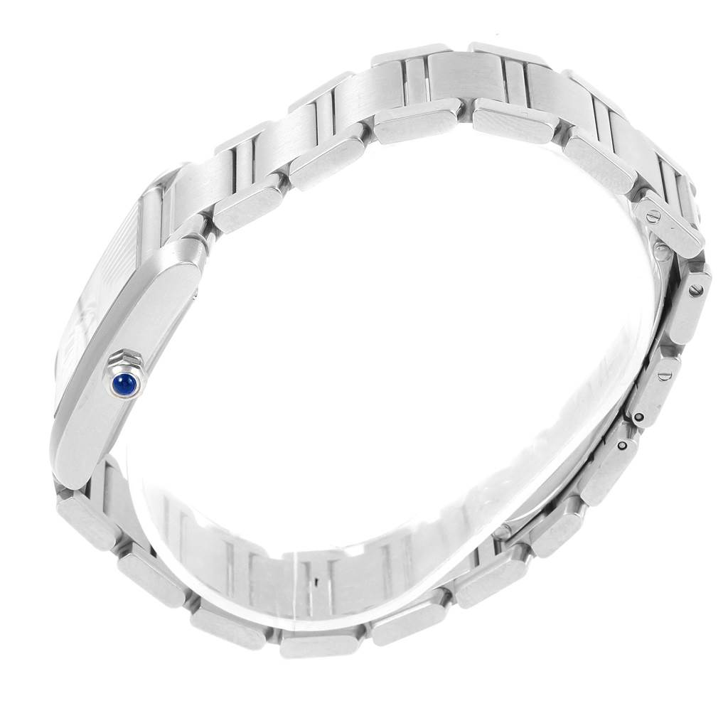 Side angle view of the Cartier Tank Francaise W51002Q3 Men
s Stainless Steel Silver Dial W51002Q3 Men
s Stainless Steel Silver Dial watch, highlighting the bracelet and sapphire crown.