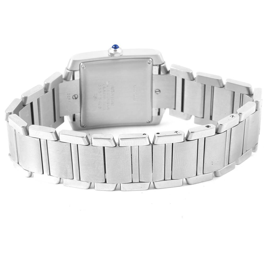 The image shows the back view of a Cartier Tank Francaise W51002Q3 Men
s Stainless Steel Silver Dial W51002Q3 Men
s Stainless Steel Silver Dial watch, highlighting the bracelet and case back.