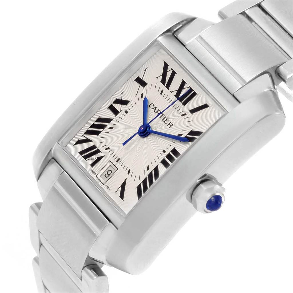 The image shows a close-up of the Cartier Tank Française watch face and part of the metal bracelet at an angle.