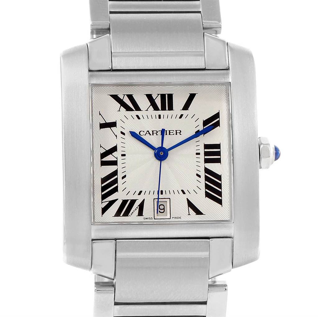 The image shows a frontal view of the Cartier Tank Francaise W51002Q3 Men
s Stainless Steel Silver Dial W51002Q3 Men
s Stainless Steel Silver Dial watch, displaying its face, bracelet, and blue hands.