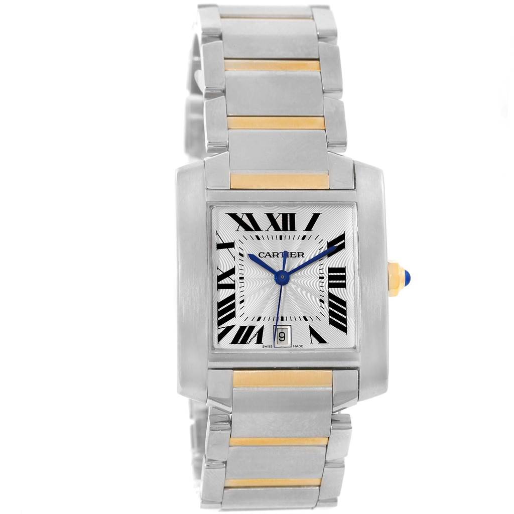 The image shows a close-up, front view of a Cartier Tank Francaise W51005Q4 Men's Steel and Gold (two tone) Silver Dial W51005Q4 Men's Steel and Gold (two tone) Silver Dial watch, displaying the face, dial, and bracelet.