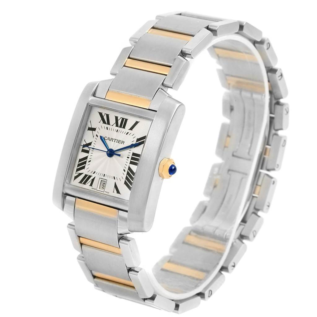 The image shows a Cartier Tank Francaise W51005Q4 Men's Steel and Gold (two tone) Silver Dial W51005Q4 Men's Steel and Gold (two tone) Silver Dial watch at a three-quarter angle highlighting the face, bezel, crown, and metal bracelet.